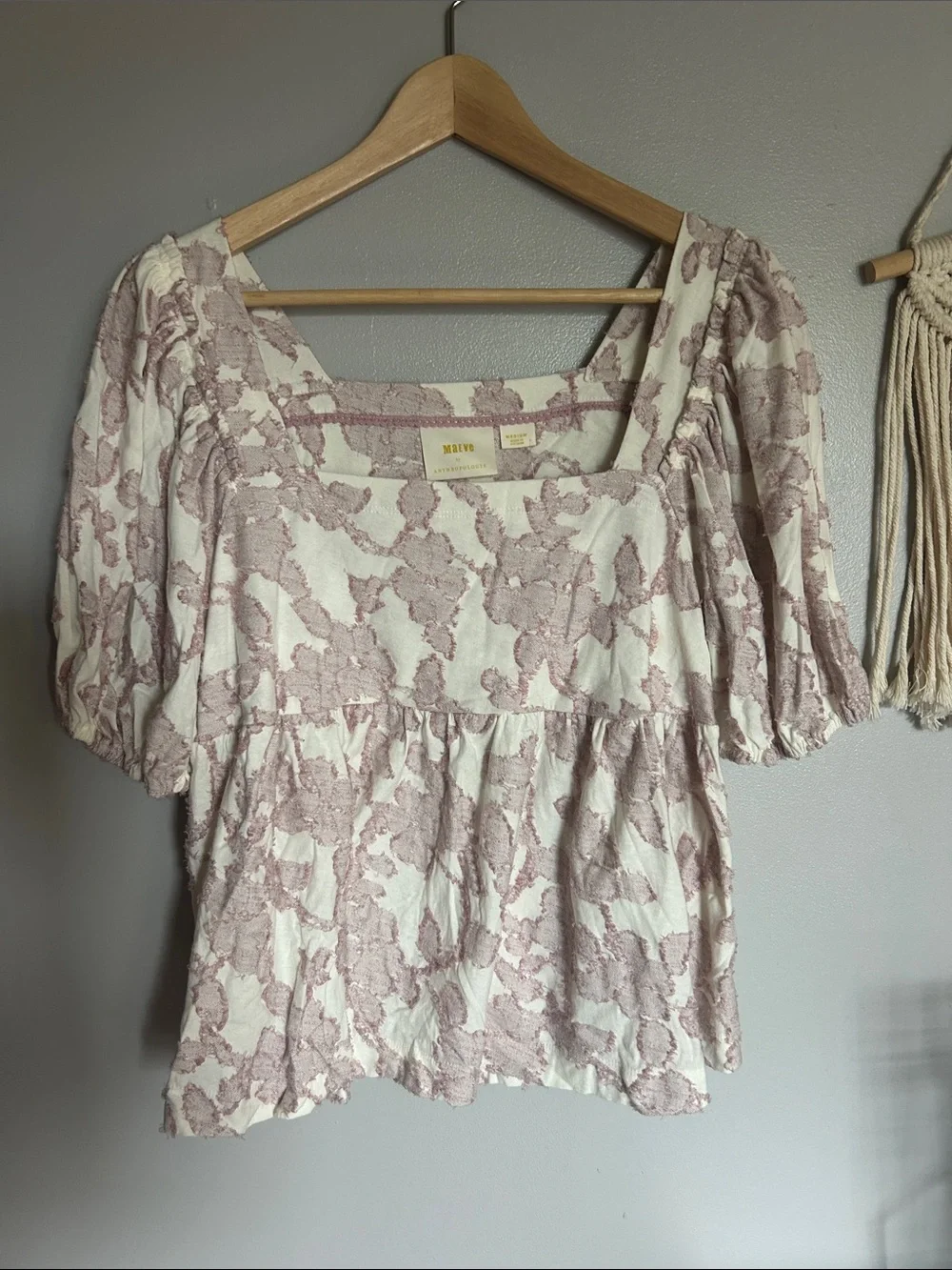 Anthropologie Cream Top with Dusty Rose Floral Jacquard